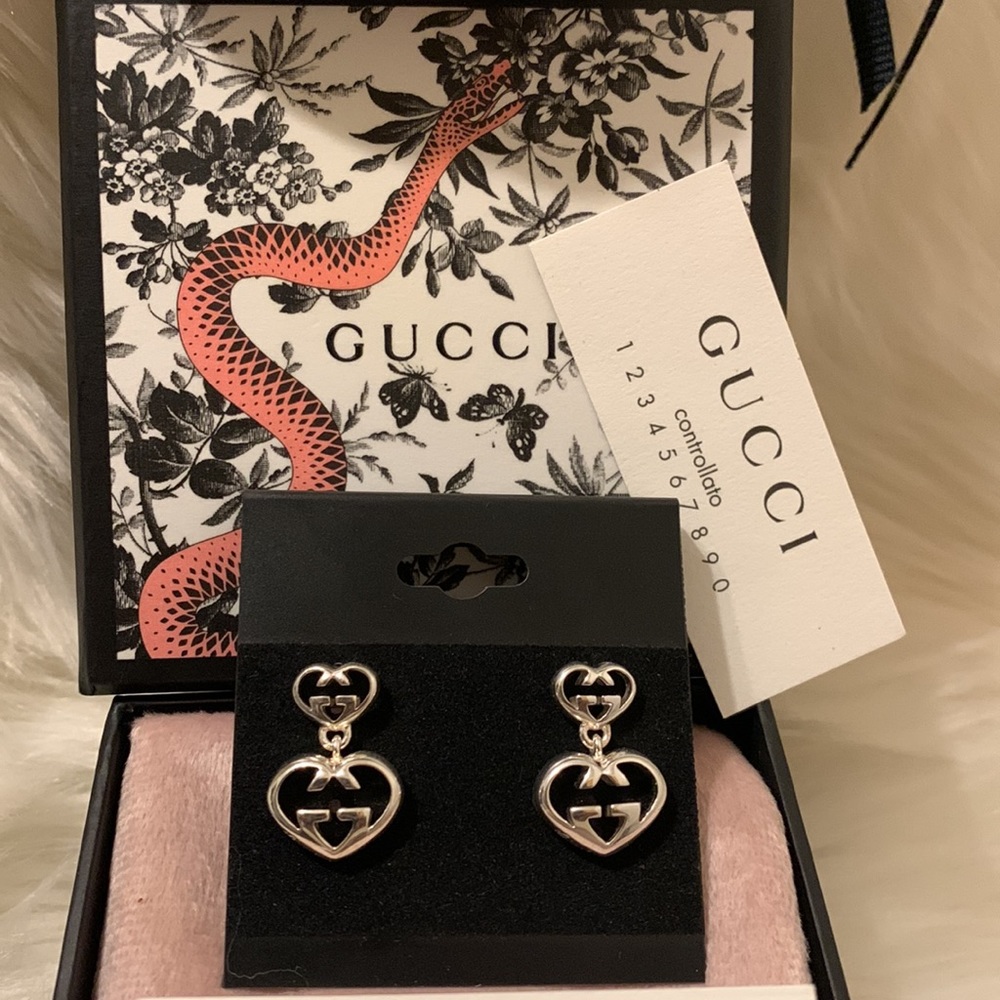 NWT AUTHENTIC GUCCI Love Britt G Heart Shape Drop EARRINGS-925 Sterling Silver